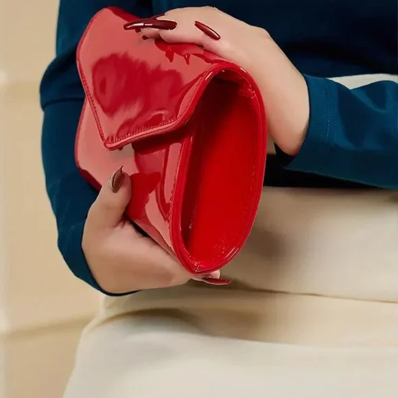 Elegant RED Patent Leather Clutch Purse - Evening Bag with Chain for Women  NEW - Picture 3 of 10